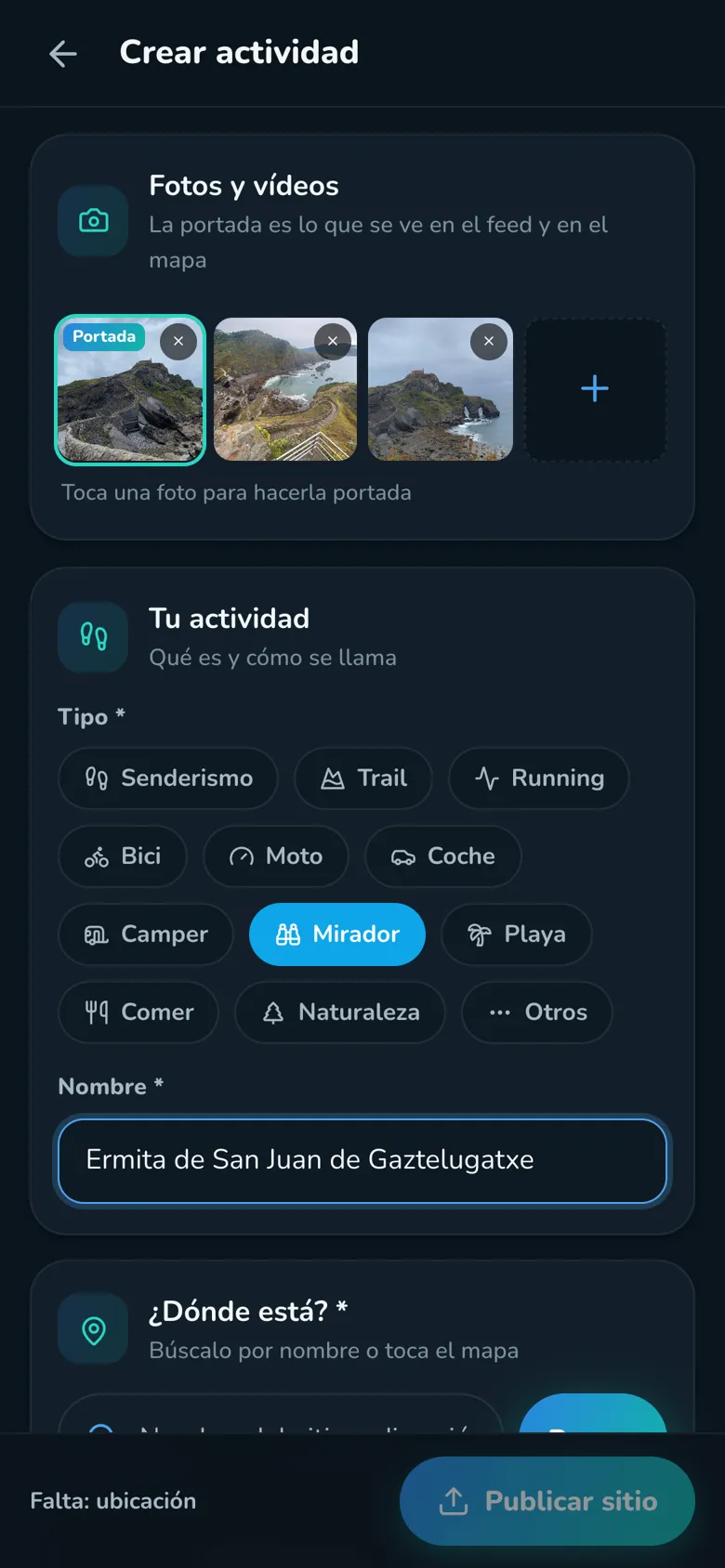 Pantalla de subir un sitio en Vanture